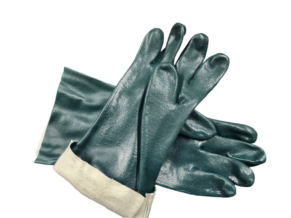 Close-up of Green PVC Gloves, showcasing the gauntlet cuff style and textured grip for enhanced protection and functionality