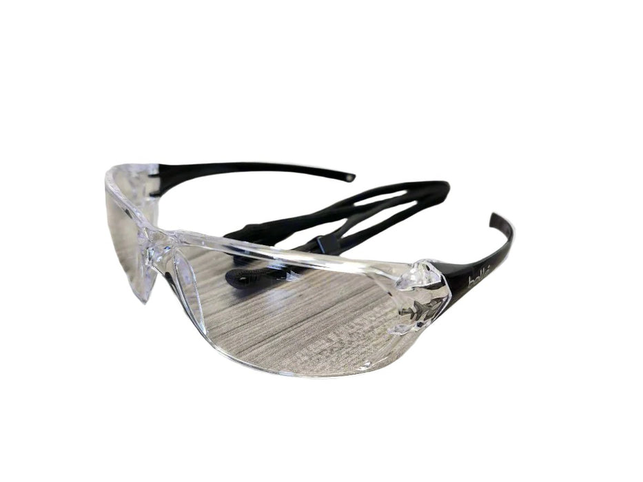 “Back view showing adjustable cord of Bollé Prism Safety Glasses - Clear lens.”