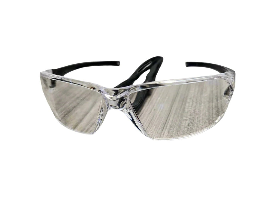 Close-up view of the Bollé Prism Safety Glasses with clear lenses, showing the translucent polycarbonate frame and lens details