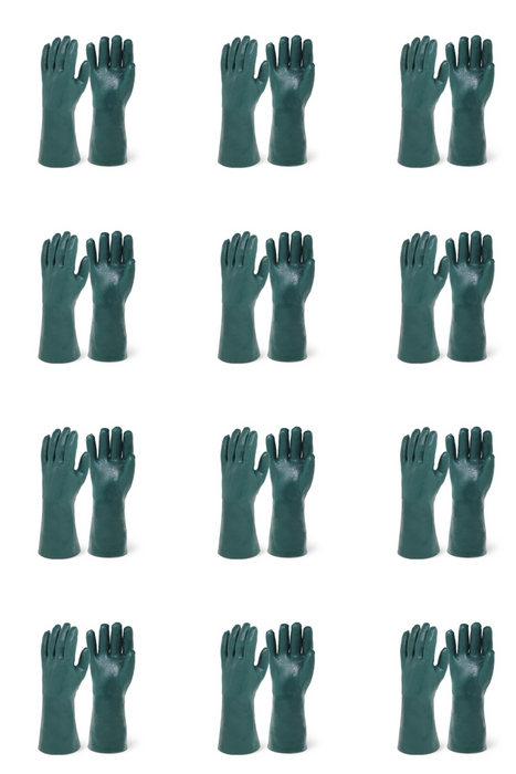 Green PVC Gloves, 12-pack, neatly stacked, ideal for industrial use with resistance to abrasions, chemicals, and oils.