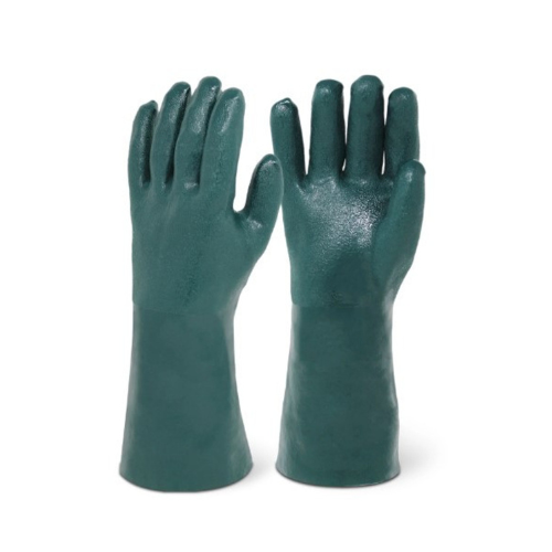 "Green 14-inch PVC gloves with double-dip coating for industrial use."