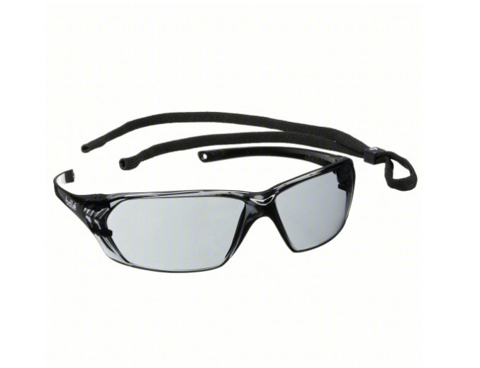 "Bolle Prism safety glasses with smoke lenses and black wraparound frame."