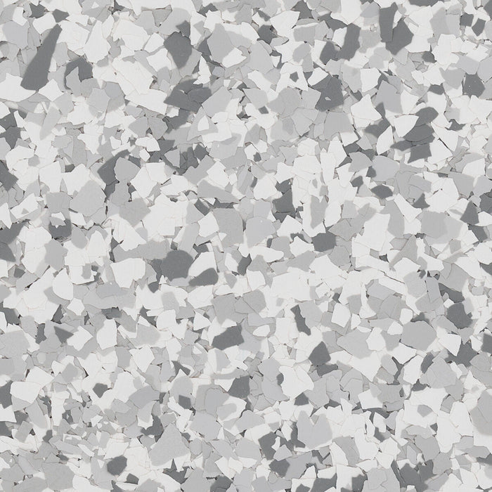 Silver Bells epoxy flake – 1/4" gray and white blend in a top-down texture view.