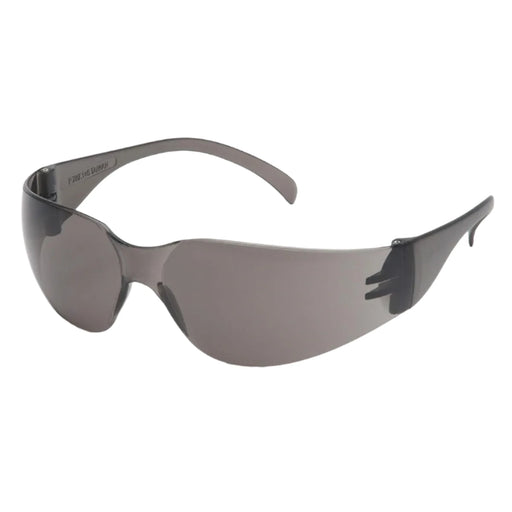 "Full-coverage gray safety glasses with black frost frame for eye protection, conforming to ANSI Z87.1 and CSA Z94.3 standards."