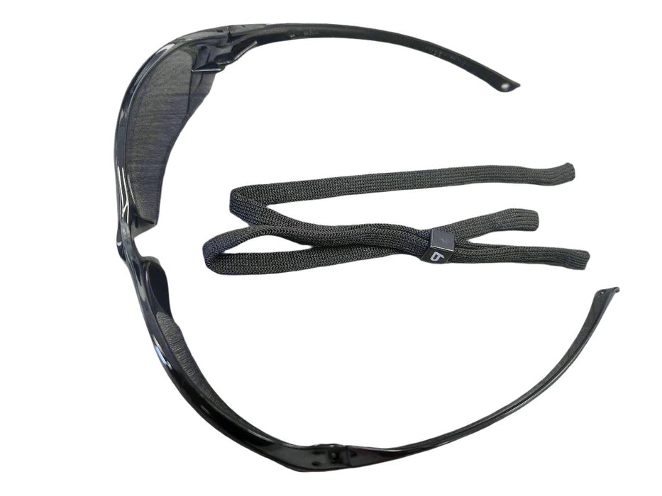 Bolle Prism Smoke Safety Glasses, rear view showing detachable black cord and wraparound frame style.
